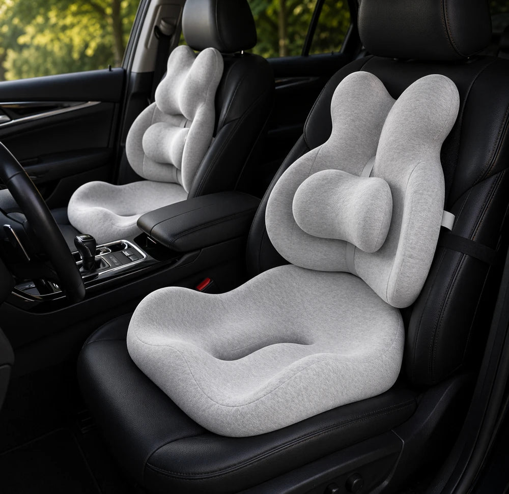 Orthopedic Memory Foam Seat & Back Cushion Set – Coccyx and Waist Support for Office Chair & Car - Delicate Leather