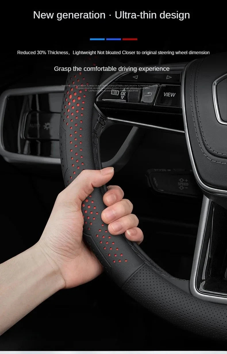 Nappa Leather Car Steering Wheel Cover with Silicone Non-slip Lining