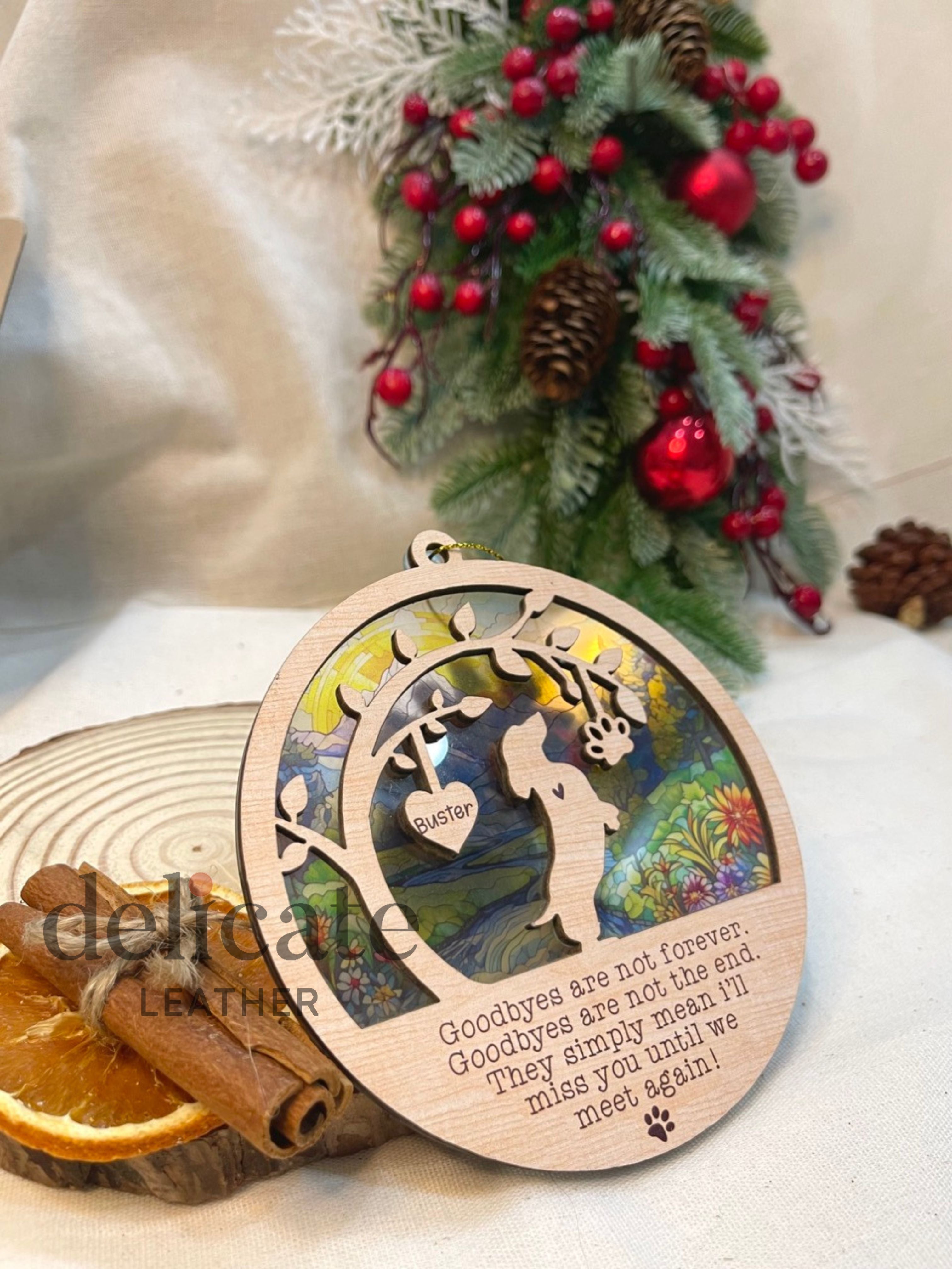 Loss of Pet Dog Silhouette Suncatcher Ornament – "Goodbyes Are Not Forever" Custom Personalized Acrylic & Wood Decoration