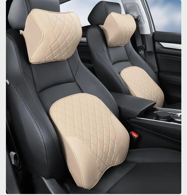 Nappa Leather Car Headrest & Lumbar Support Set – Memory Foam Neck and Waist Cushion - Delicate Leather  