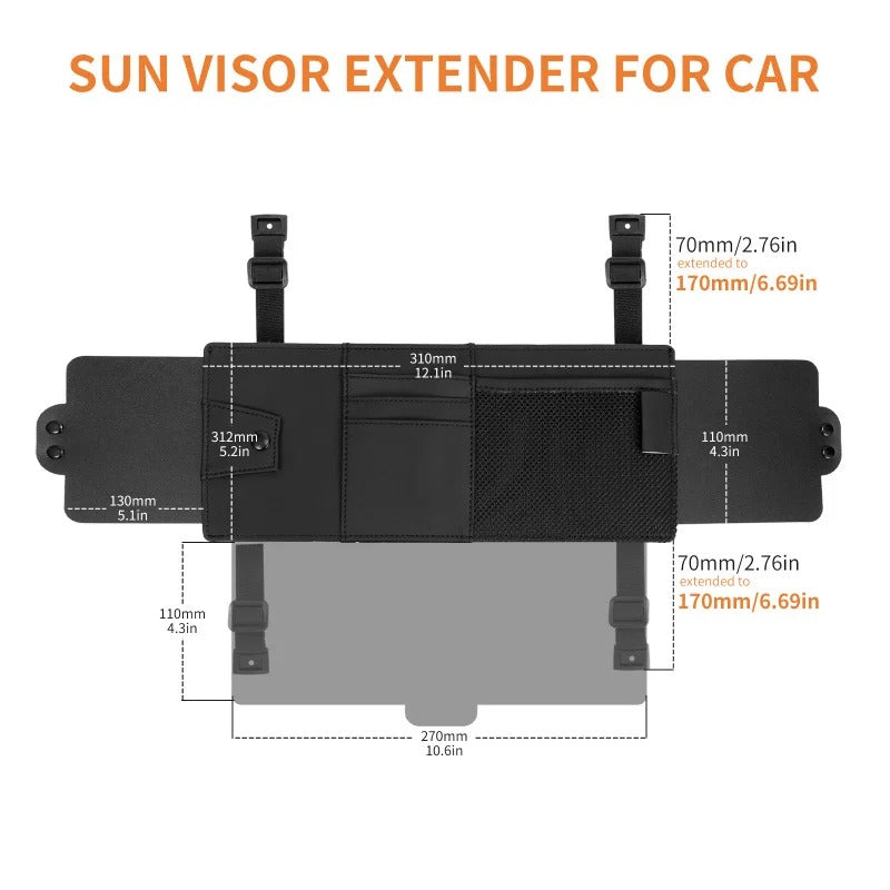 Car Sun Visor Extension – UV Sun Blocker with Storage Organizer & Sunglasses Holder - Delicate Leather