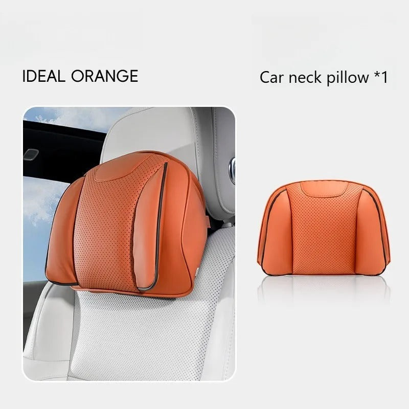 Nappa Leather Car Headrest & Lumbar Support Pillow Set – Universal Neck & Back Cushion - Delicate Leather