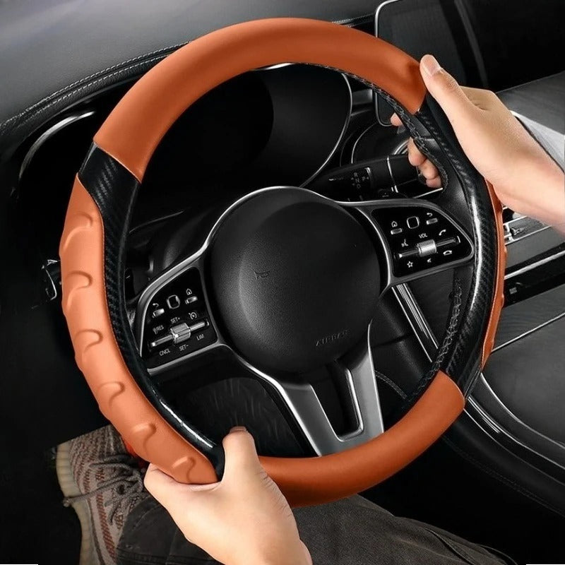 Carbon Fiber Leather Steering Wheel Cover – Universal O/D Shape Non-Slip Grip - Delicate Leather