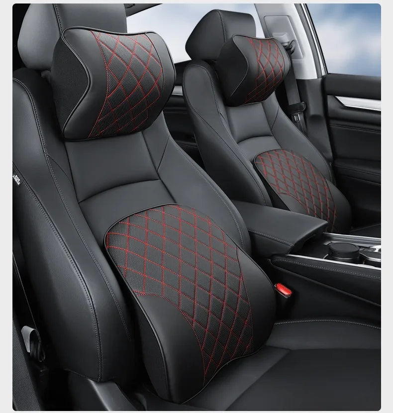 Nappa Leather Car Headrest & Lumbar Support Set – Memory Foam Neck and Waist Cushion - Delicate Leather  