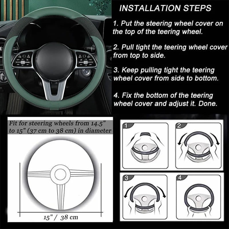 Premium Leather & Ice Silk Steering Wheel Cover – Breathable Mesh, Stitched Design, Universal 14.5–15 Inch, All Seasons - Delicate Leather  