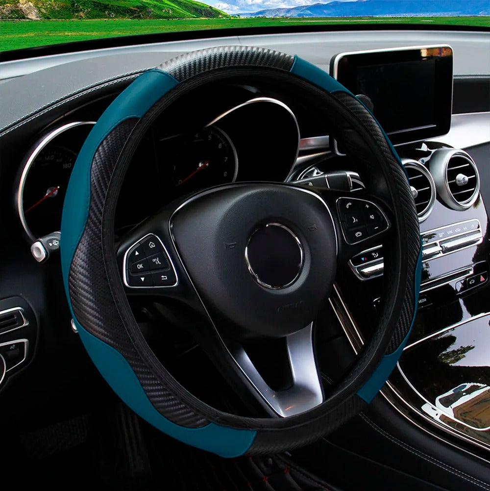 PU Carbon Fiber Steering Wheel Cover – Fits 14.5 to 15 Inch Wheels - Delicate Leather  