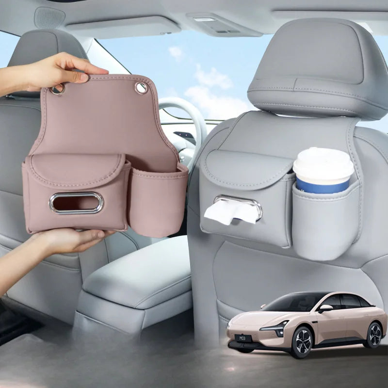 Leather Car Headrest Storage Bag – Backseat Hanging Organizer with Tissue & Cup Holder - Delicate Leather  