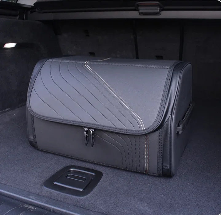 Luxury Foldable Car Trunk Organizer – PU Leather Storage Box with Lid and Sturdy Handle - Delicate Leather  