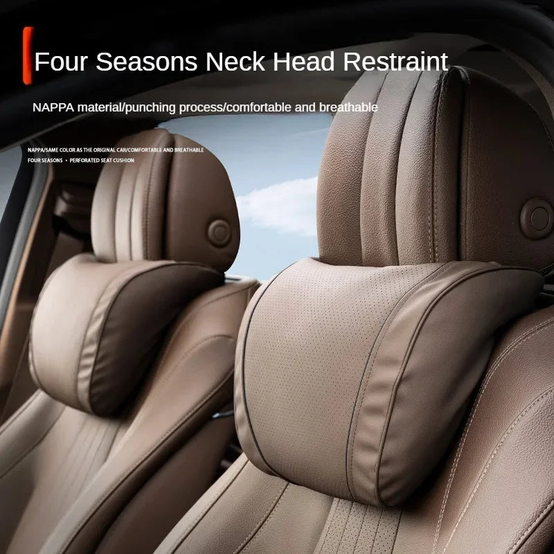 Car Headrest Neck & Waist Pillow – Nappa Leather Seat Support for Auto Comfort - Delicate Leather  