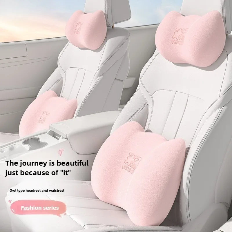 Plush Car Neck Pillow and Waist Pillow Set - Cute Pink Auto Headrest and Lumbar Support - Kawaii Car Seat Pillow for Comfort and Relaxation - Delicate Leather  