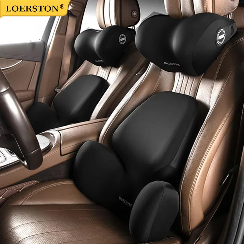 Universal Car Lumbar Support & Neck Pillow Set – Memory Foam Waist Cushion with Removable Washable Cover - Delicate Leather  