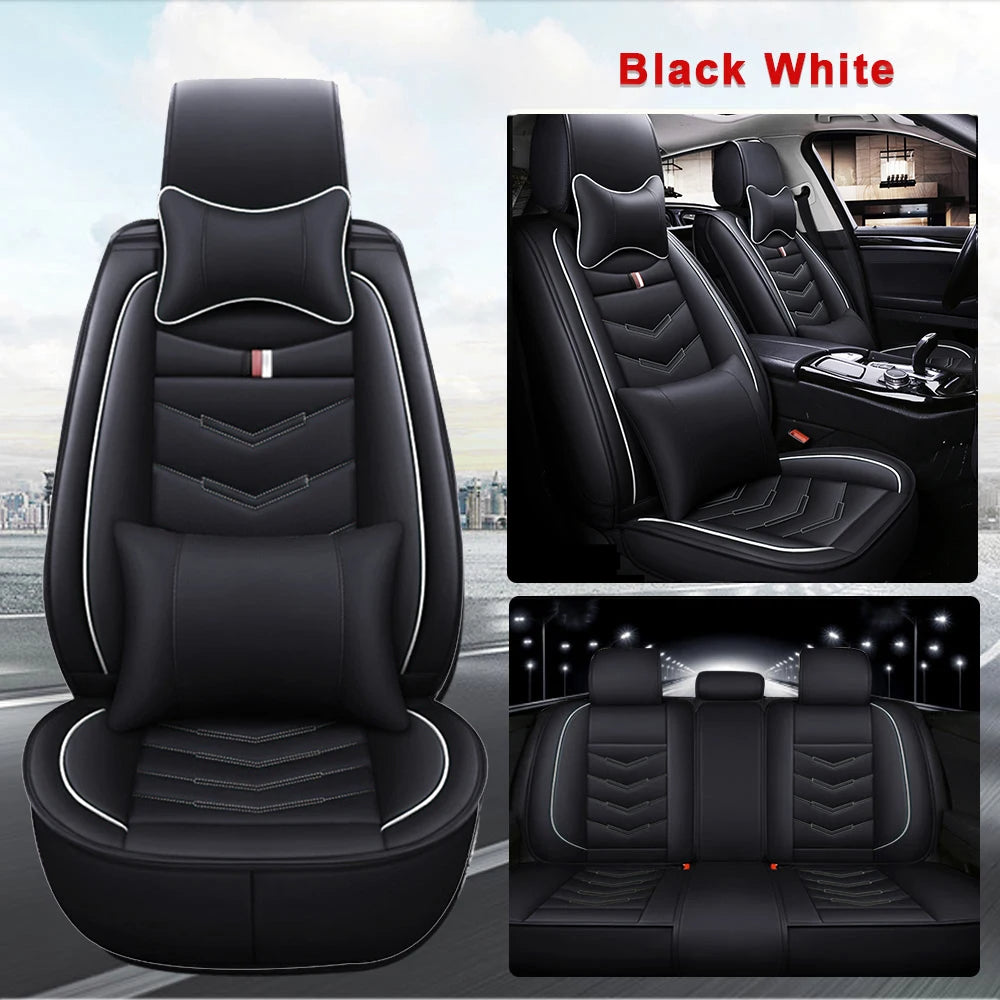 PU Leather Car Seat Covers for Front 2 Seats – Black & White, with Headrest and Lumbar Support for Hatchback & Pickup 02