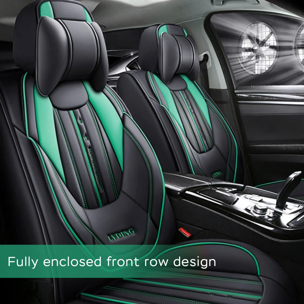 PU Leather Car Seat Covers for Front 2 Seats – Black & Green with Headrest and Lumbar Support for Hatchback & Pickup