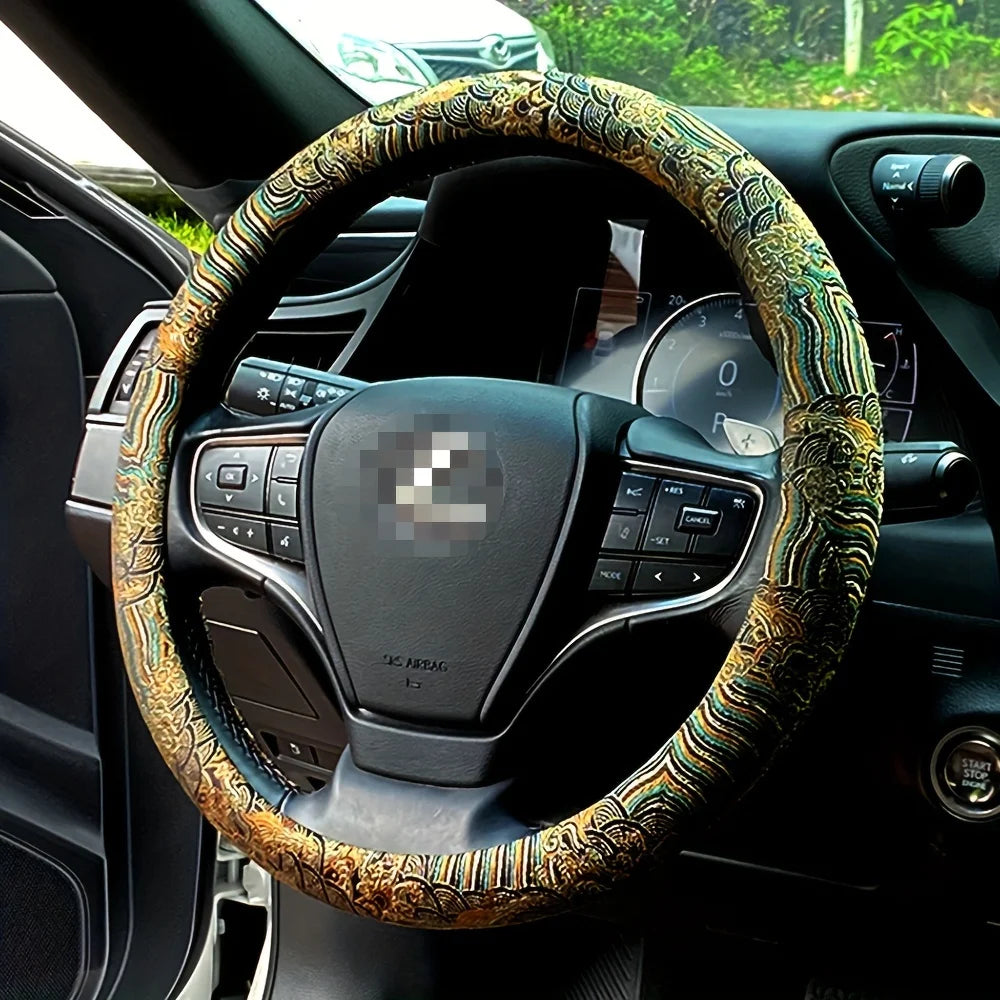 Brocade Embroidered Steering Wheel Cover – Retro Non-Slip All-Season Car Interior Accessory - Delicate Leather