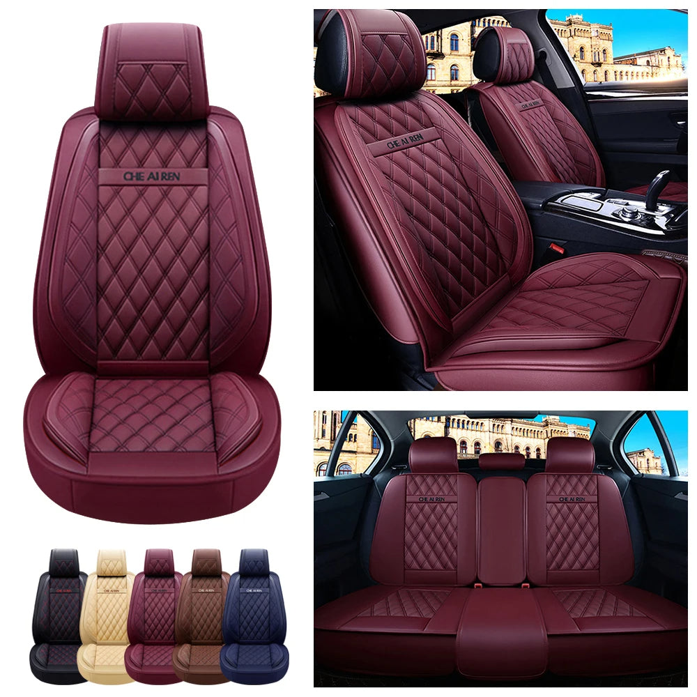 Full Set Waterproof PU Leather Car Seat Covers – Burgundy, High Back for Front and Rear Split Bench