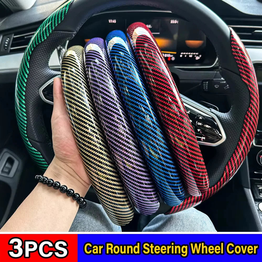 3PCS Carbon Fiber Style Steering Wheel Grip Covers – Anti-Slip Washable Interior Set - Delicate Leather  