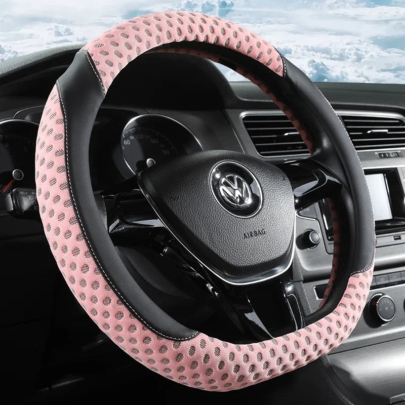 PU Leather Steering Wheel Cover – 3D Cooling Fabric, Non-Slip, O/D Shape, All-Season Comfort - Delicate Leather  