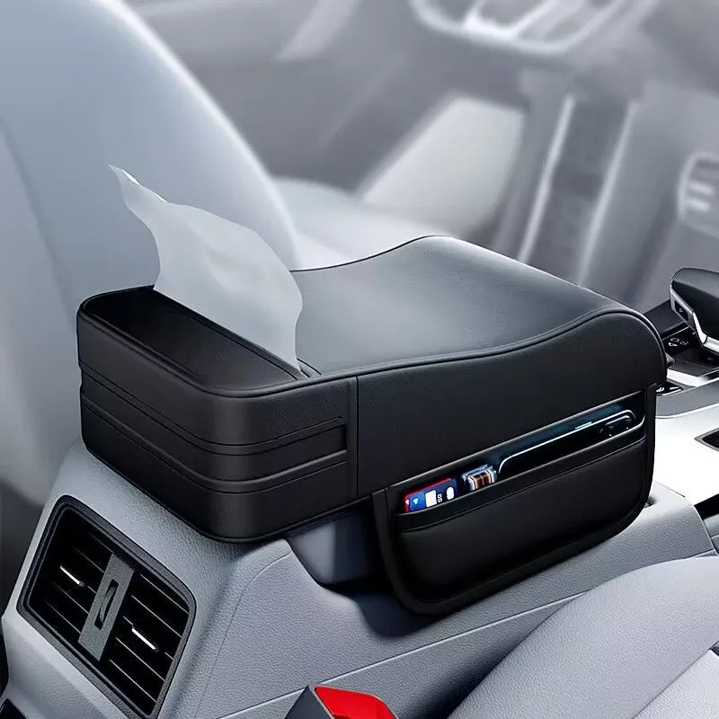 Car Armrest Height Pad with Tissue Holder – Universal Center Console Armrest Cushion - Delicate Leather  