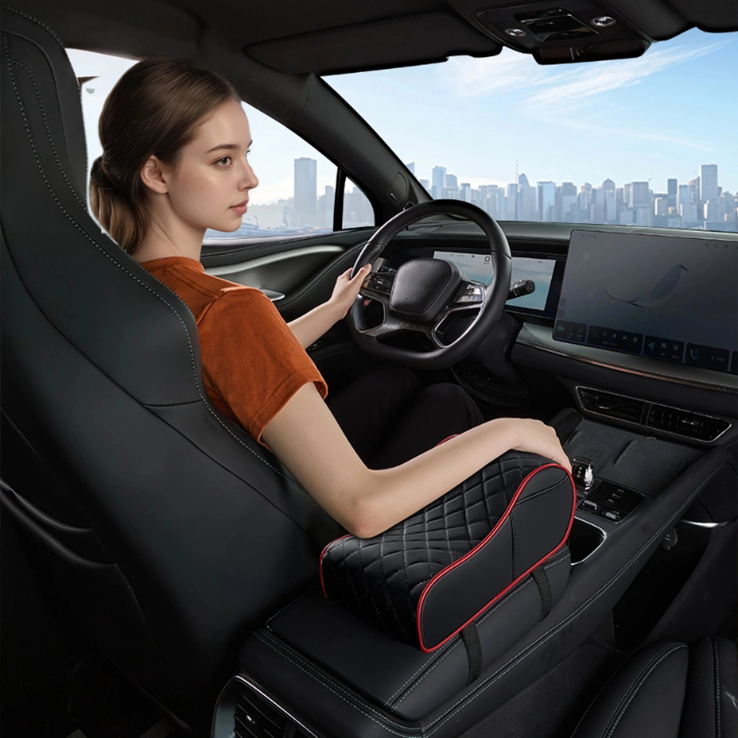 Curved PU Leather Armrest Cushion – Car Center Console Pad with Storage Pocket - Delicate Leather  