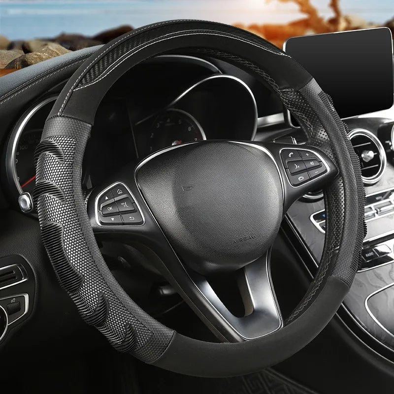 Carbon Fiber Leather Steering Wheel Cover – Silicone Honeycomb Grip, Universal Fit 37–38 cm - Delicate Leather  