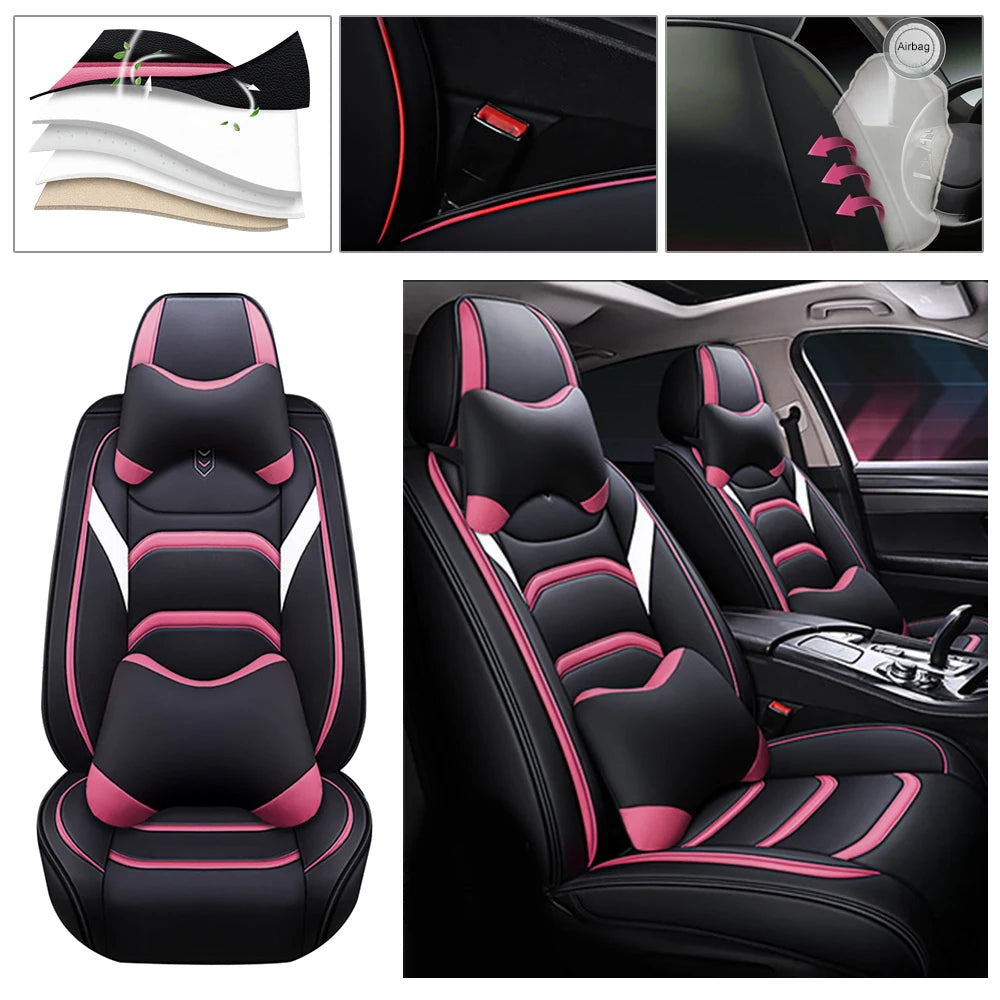 Waterproof Universal Front Seat Covers – Luxurious Black & Pink Design with Headrest and Lumbar Pillow 16