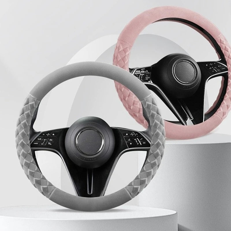 Soft Suede Steering Wheel Cover – Universal 38cm Winter Warm Non-Slip Car Handle Wrap Interior Accessories - Delicate Leather  