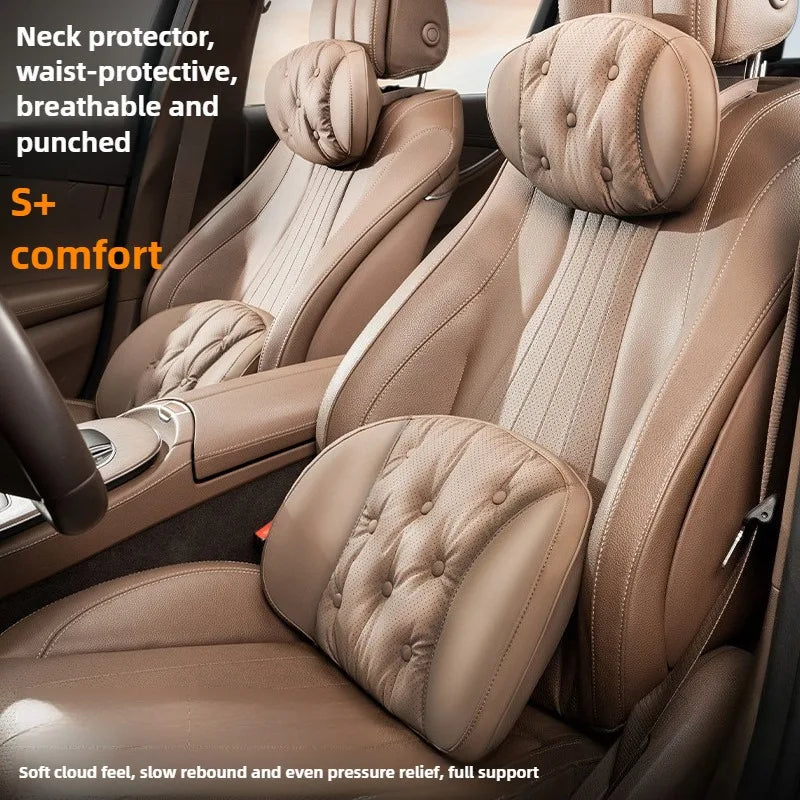 Universal Car Headrest & Lumbar Support Cushion – Nappa Leather Neck and Lumbar Pillows for Comfort - Delicate Leather  
