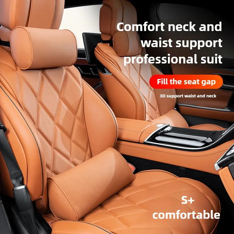 Memory Cotton Car Headrest & Lumbar Pillow Set – Leather Neck and Waist Support for Comfortable Driving - Delicate Leather  