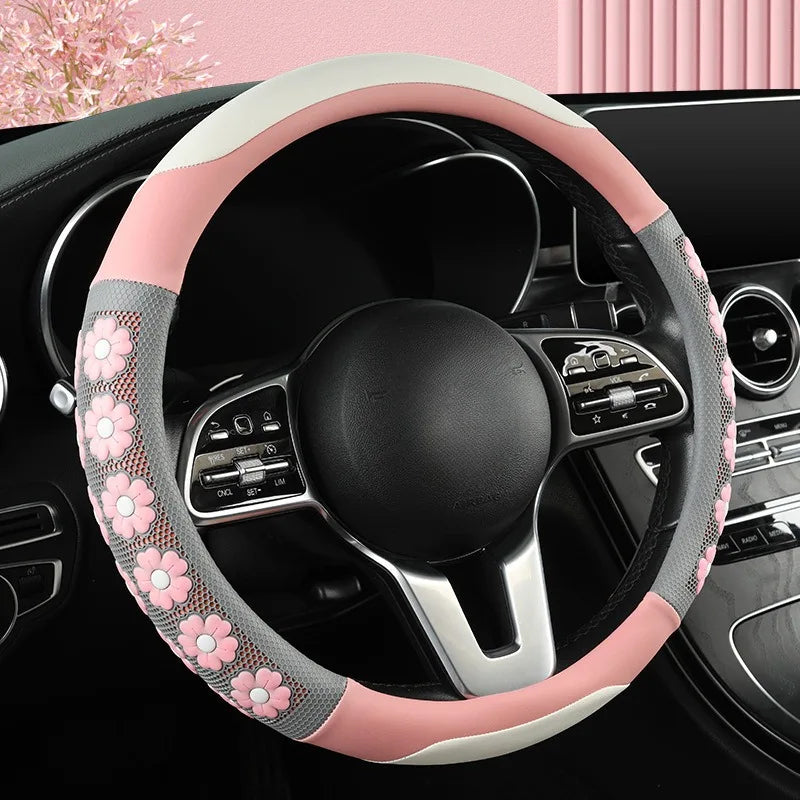 Cute Flower Design Car Steering Wheel Cover for Women - Universal Non-Slip Handle Cover - Nappa Leather & Silicone Car Accessories - Delicate Leather  