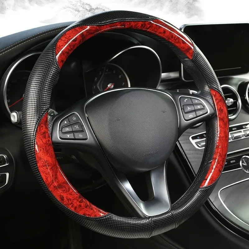 Wood Grain Leather Steering Wheel Cover – Universal 37–38CM Non-Slip O/D Shape Grip - Delicate Leather