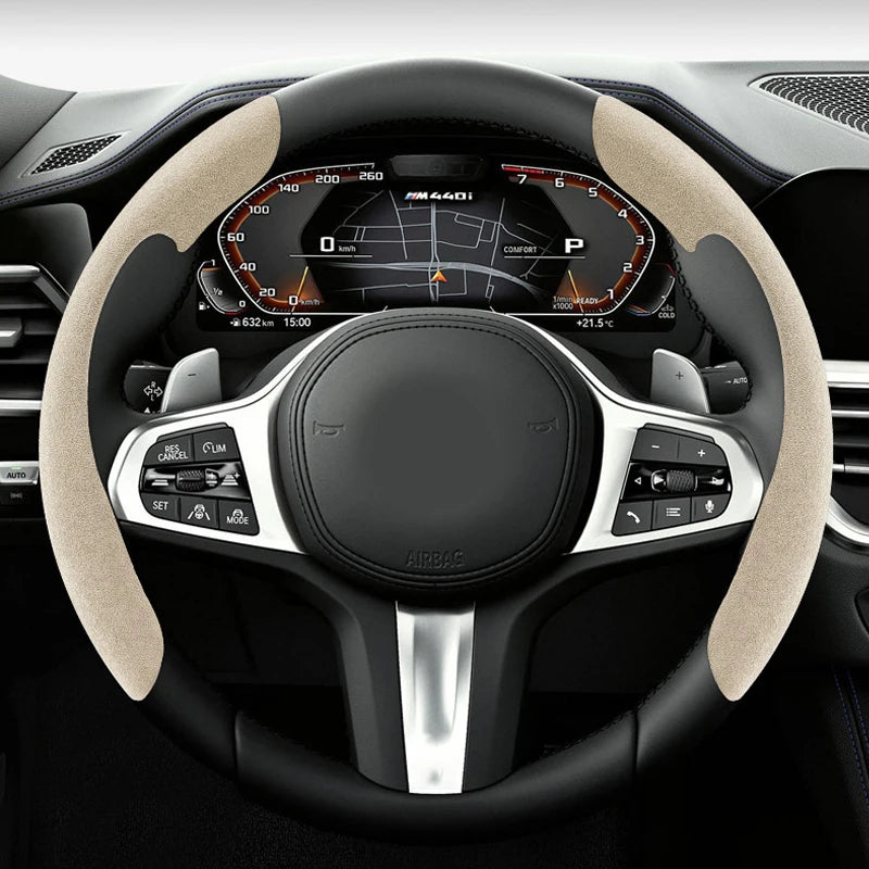 Suede Steering Wheel Cover – Anti-Slip 38cm Universal Grip Interior Accessory - Delicate Leather  