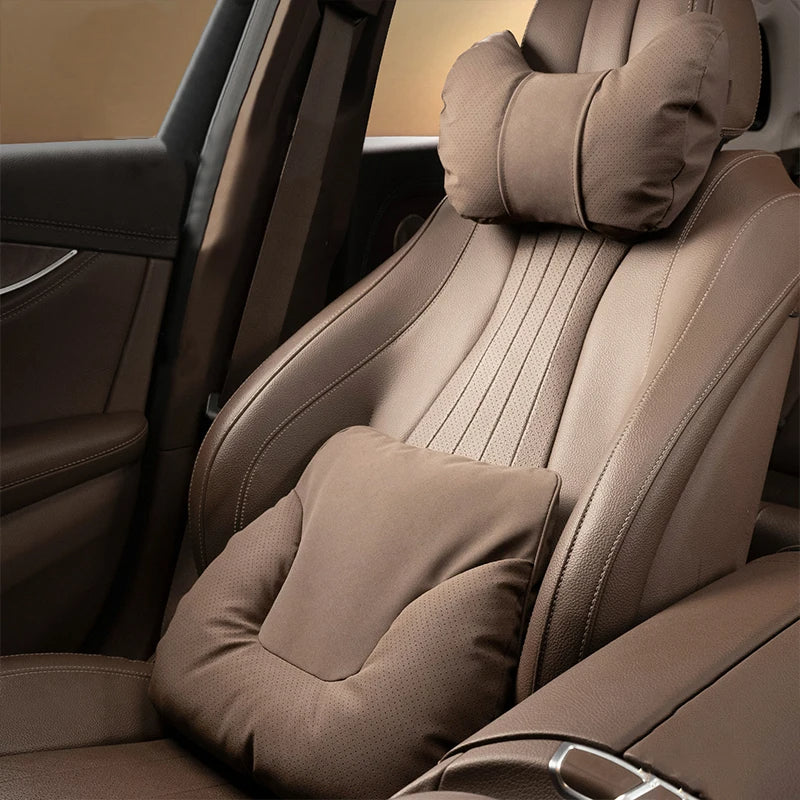 Car Neck & Waist Pillow - Soft Comfort Auto Seat Headrest and Cushion Support for Driving - Universal Fit - Delicate Leather  