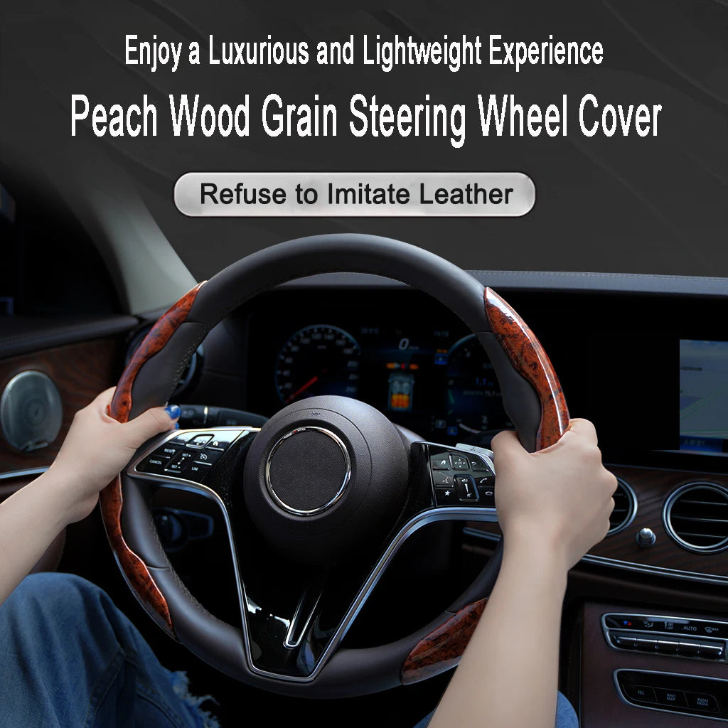 Peach Wood Grain Steering Wheel Cover – Ultra-Thin 38CM Non-Slip Segmented Grip - Delicate Leather