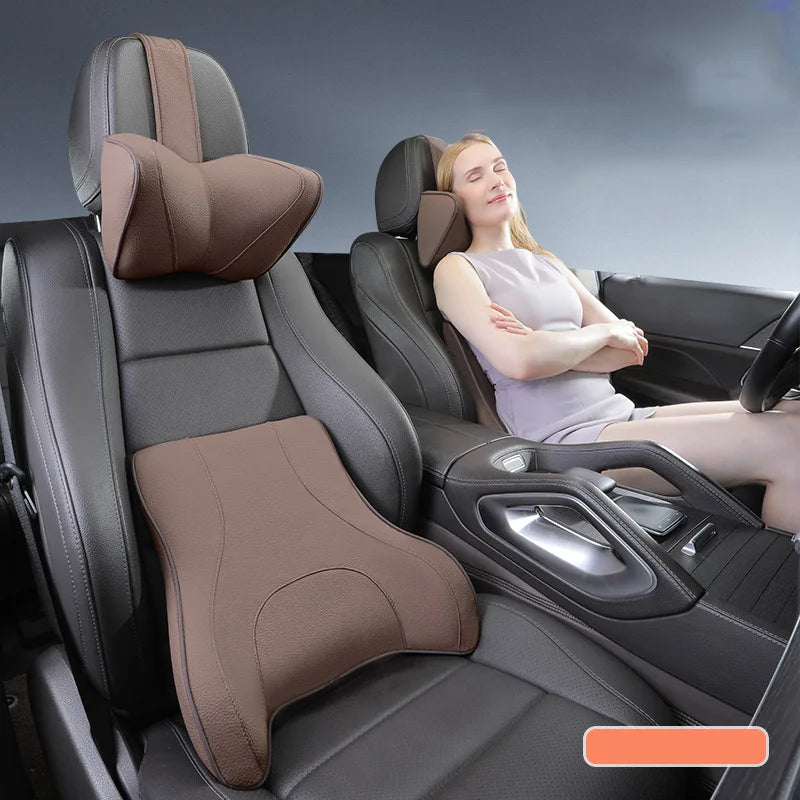 2025 Memory Foam Car Neck Pillow and Lumbar Support – Nappa Leather Headrest & Waist Cushion for Driving Comfort - Delicate Leather  