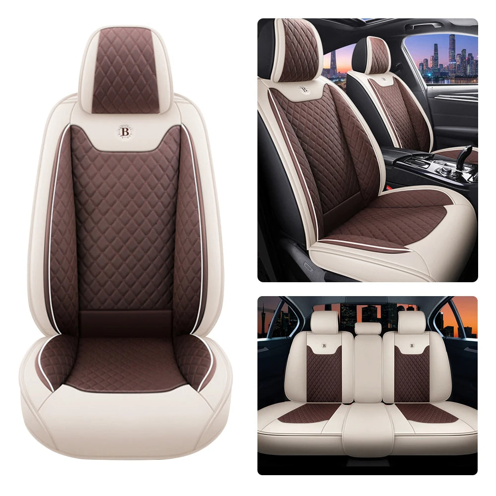 Waterproof PU Leather Car Seat Covers – Five Seats, High Back Front and Rear Split Bench in White & Coffee 11