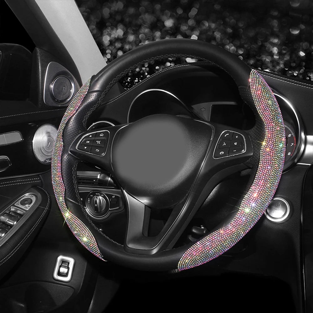 Bling Bling Diamond Steering Wheel Cover Universal Leather Sparkly Wheel Protector Anti-Slip Cover Car Accessories for Women - Delicate Leather  