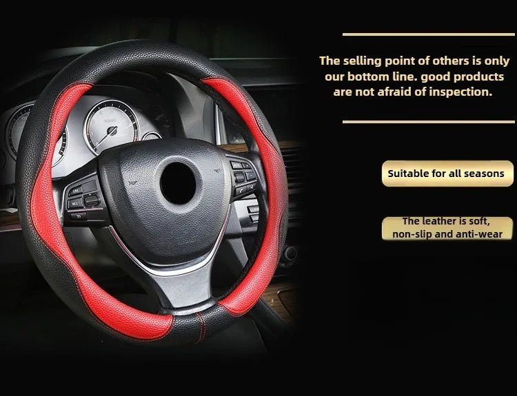 PU Leather Steering Wheel Cover – Anti-Slip 15 Inch Universal Round Interior Accessory - Delicate Leather  
