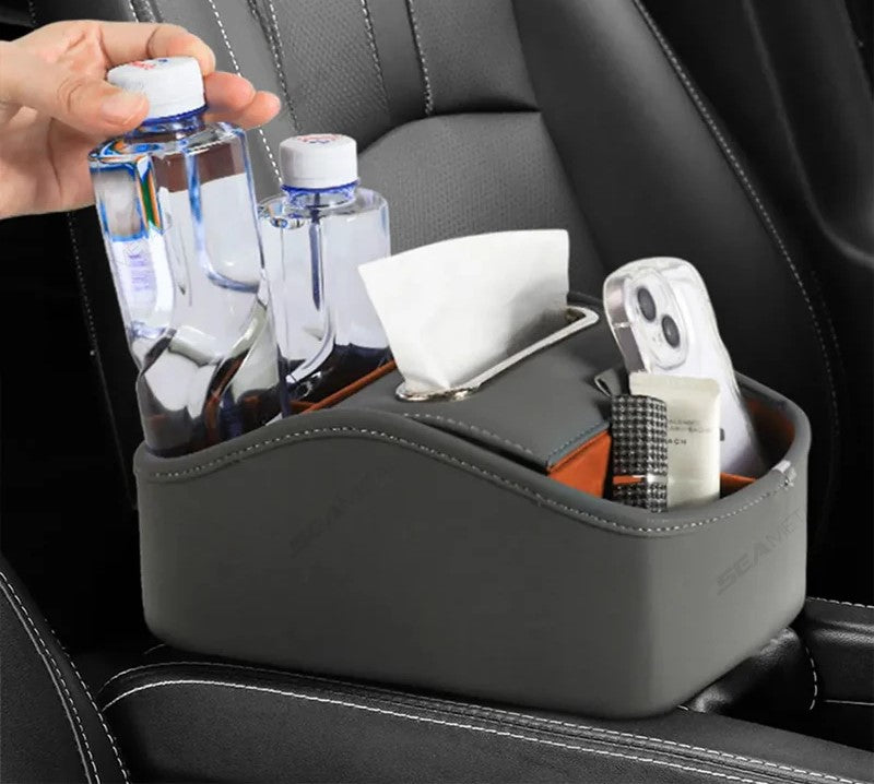 5-in-1 Car Armrest Storage Box – Center Console Extension Organizer with Tissue & Cup Holder - Delicate Leather  