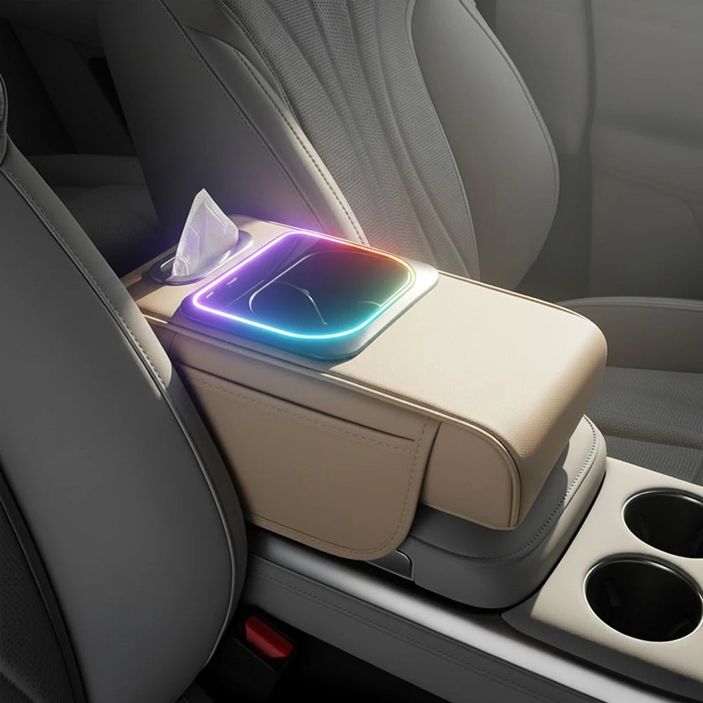 Multi-Functional Car Armrest Cushion with Storage Organizer, Cup Holder, Tissue Slot & Phone Holder - Delicate Leather  