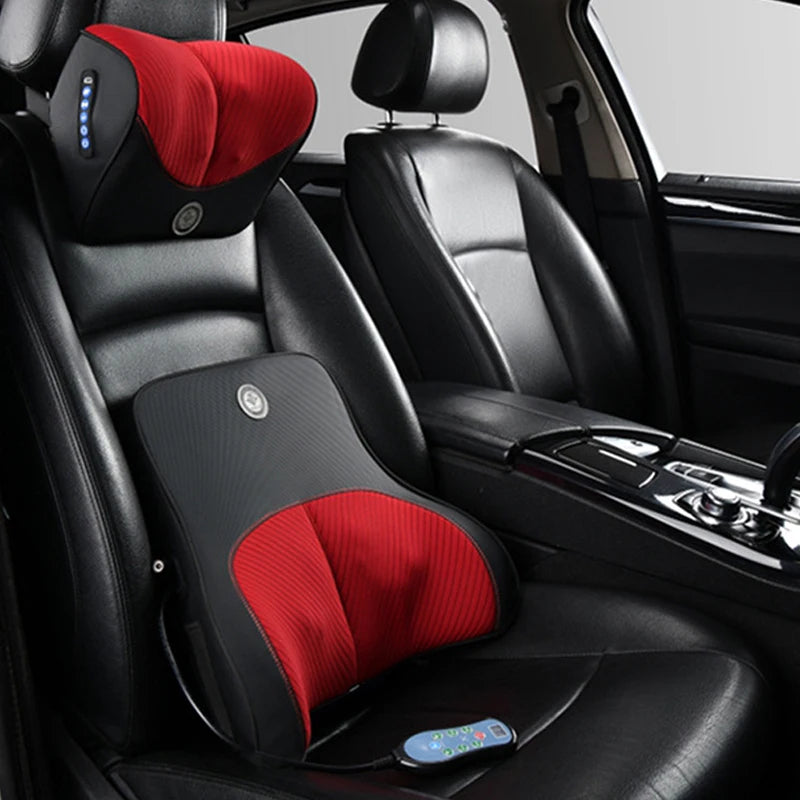 Electric Massage Car Neck Pillow and Lumbar Support – Memory Foam Headrest & Waist Cushion for Driving Comfort - Delicate Leather  