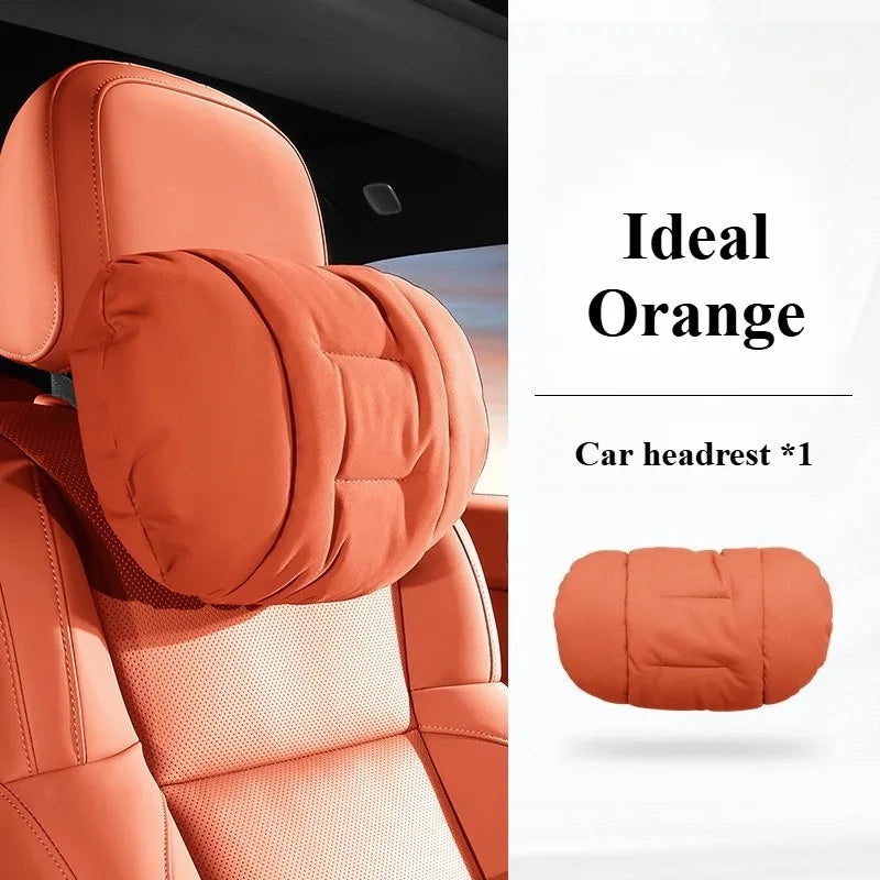 Suede Leather Car Headrest & Lumbar Support Pillow Set – Comfortable Neck and Back Cushions - Delicate Leather  