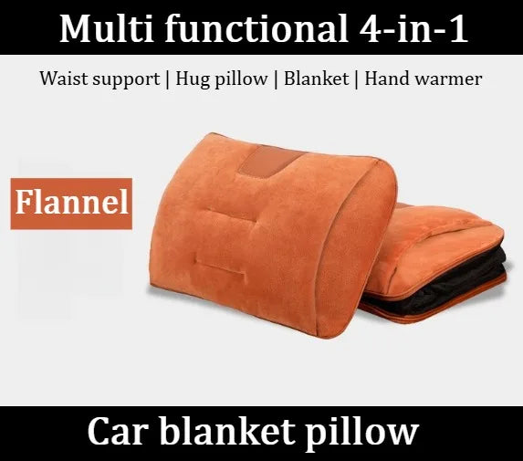 4-in-1 Plush Car Blanket Pillow – Flannel Travel Cushion, Foldable Lumbar Support and Back Pillow for Car Seats - Delicate Leather  