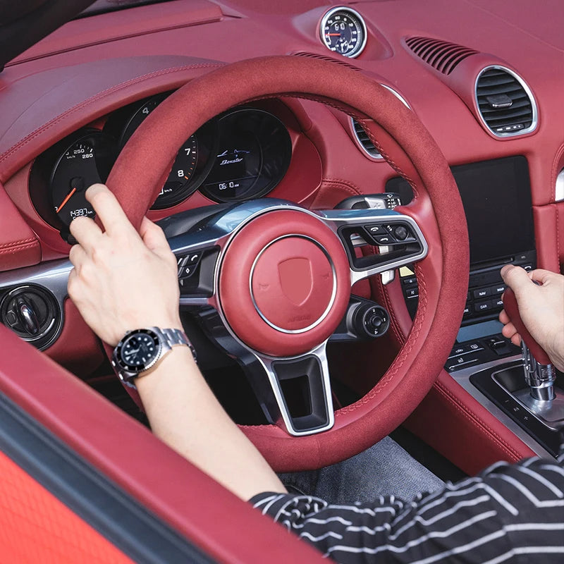 Car Steering Wheel Cover - Suede Steering Protector for Auto Interior Decoration - Universal Fit for 38cm Steering Wheel - Delicate Leather  