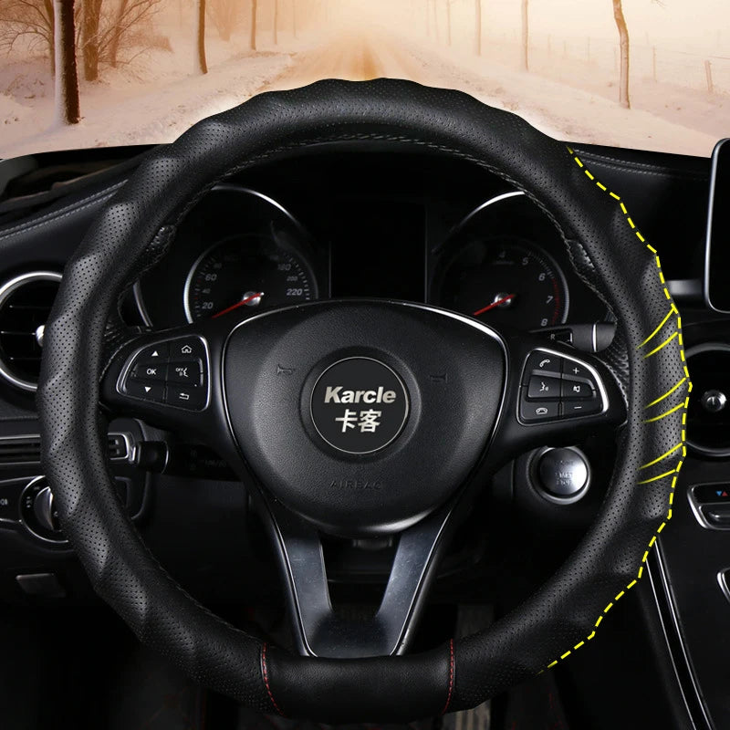 3D PU Leather Steering Wheel Cover – Universal 15 Inch O/D Type, Anti-Slip Grip, Four-Season Car Interior Protection - Delicate Leather  