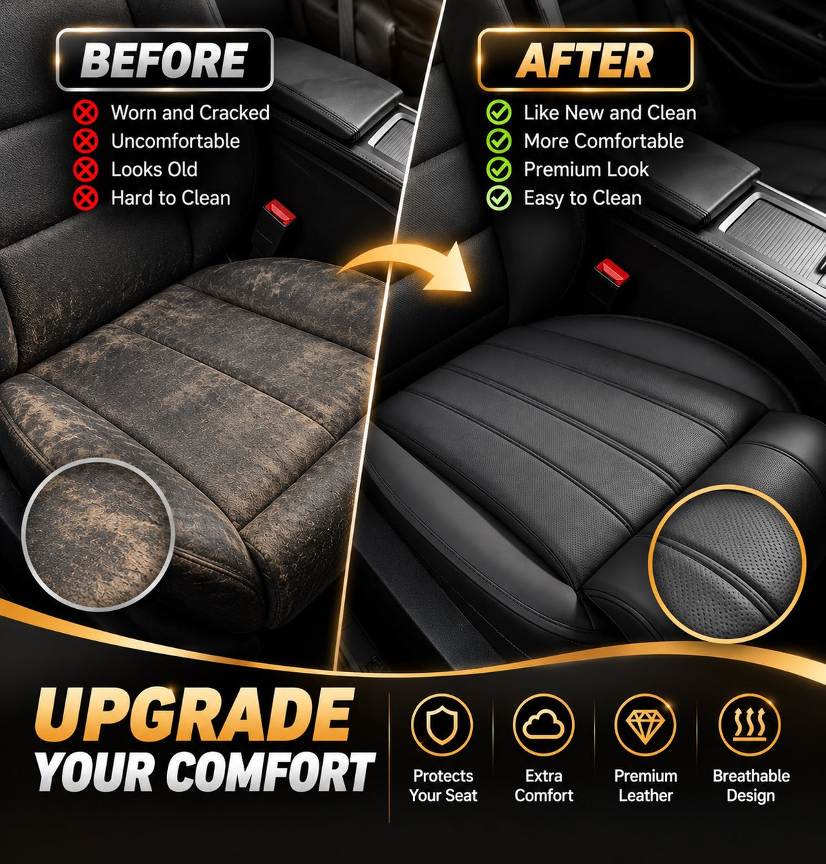 Car Seat Cushion with Extended Leg Support – Leather Anti-Slip Comfort Seat Pad - Delicate Leather