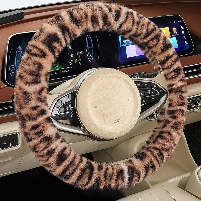 Universal Plush Leopard Print Steering Wheel Cover – Warm Winter Non-Slip Soft Handle Cover for Car Interior - Delicate Leather  