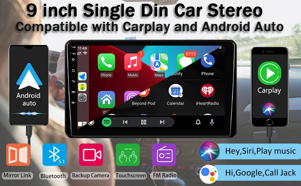 Single Din 9-Inch Car Stereo – Apple CarPlay, Android Auto, Touch Screen Bluetooth Audio with Backup Camera 19