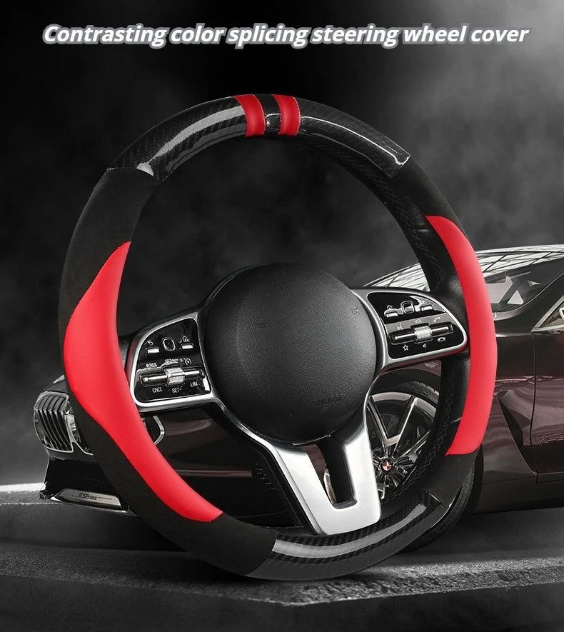 Color-Block Steering Wheel Cover – PU Leather & Suede, Carbon Fiber Style, 14.5–15 Inch Fit - Delicate Leather  