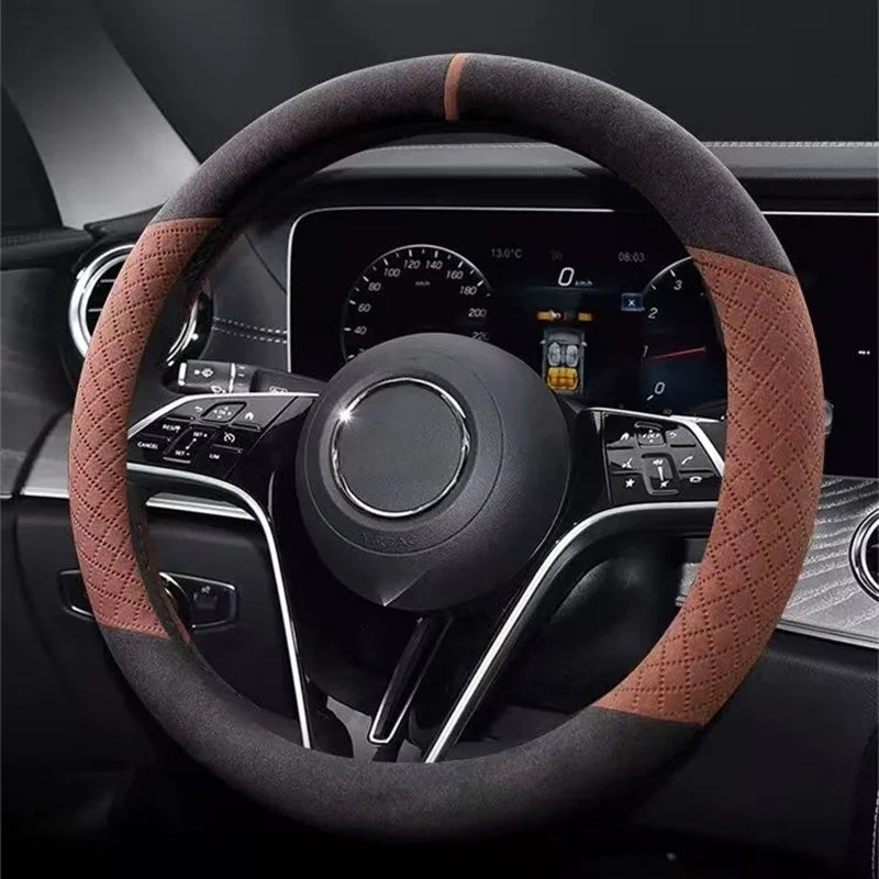 Suede Steering Wheel Cover – Universal 38cm Non-Slip Breathable Grip for Cars and SUVs - Delicate Leather  