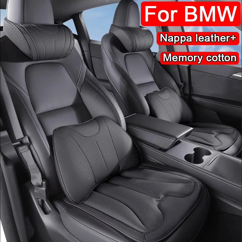 Car Neck Pillow & Lumbar Support – Universal Memory Foam Cushion with Nappa Leather Cover, Ergonomic Vehicle Back Support - Delicate Leather  